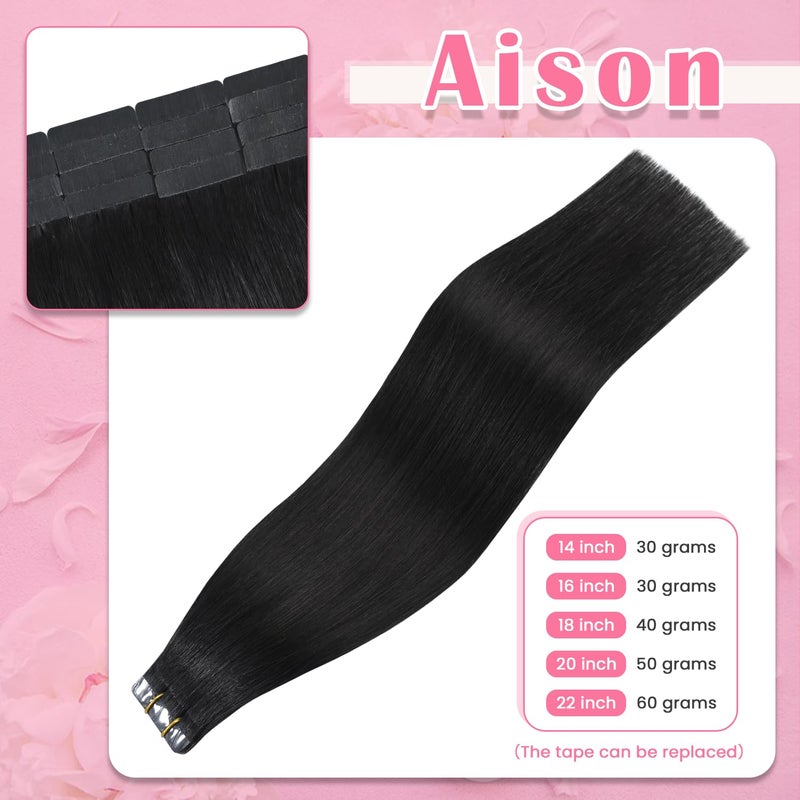 Aison Natural Black Tape in Hair Extensions Human Hair 16 Inches 30g 20 Pcs/Pack Hair Extensions Tape in - Image 3